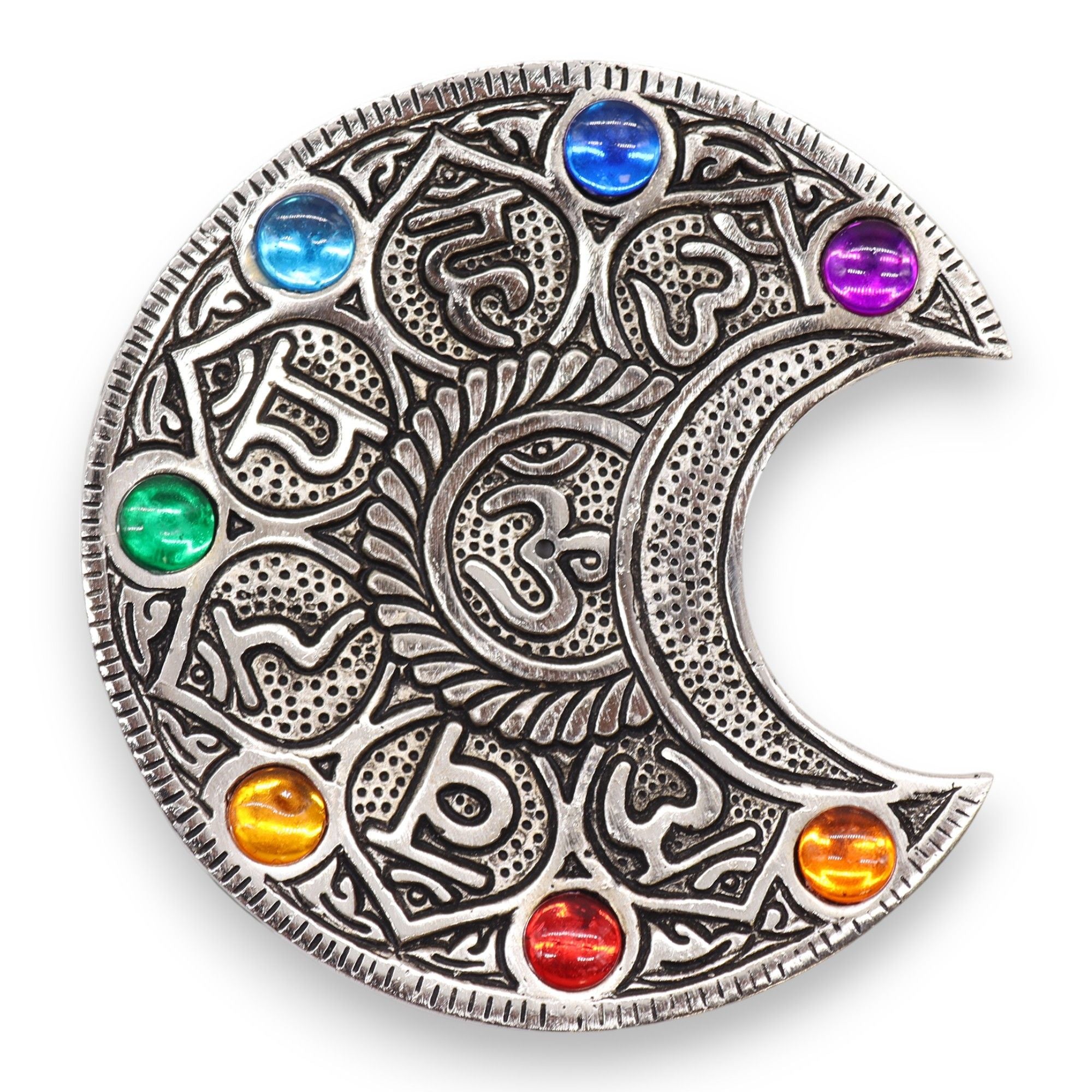 Porte-encens Lune 7 Chakras 11,5 cm en aluminium, objet de décoration spirituelle pour espace bien-être et méditation.