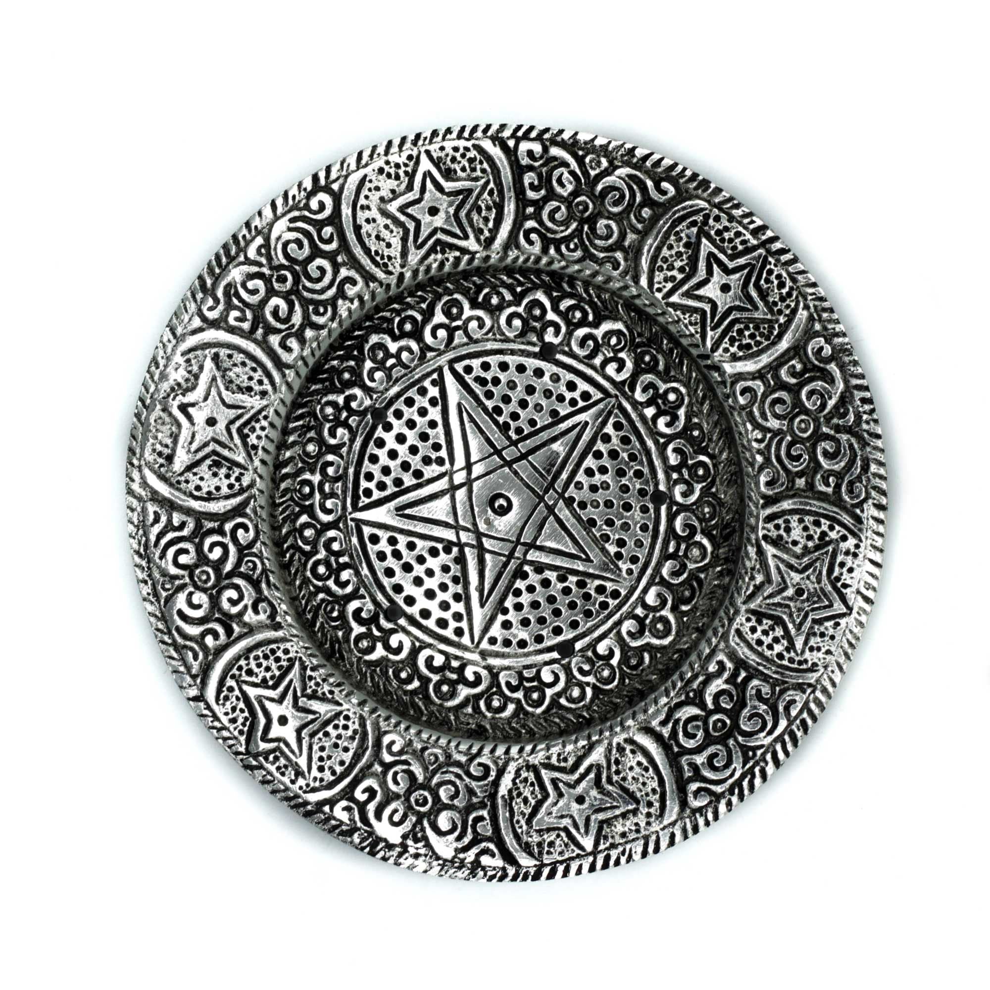 Porte-encens rond en métal avec pentagramme gravé, accessoire spirituel pour méditation, autel et rituels énergétiques