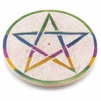 Porte-Encens Pentagramme en pierre soapstone 8 cm, disque symbole géométrie sacrée pour rituel et méditation.