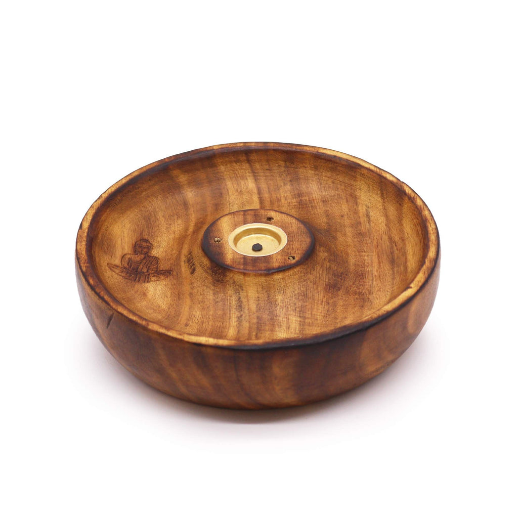 porte encens rond en bois naturel avec gravure bouddha et support central pour brûler bâtons et cônes d encens utilisé pour méditation et relaxation