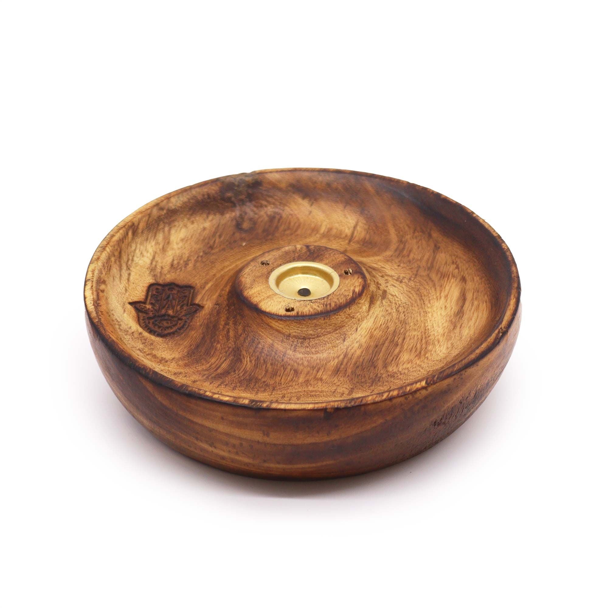 porte encens rond en bois naturel avec symbole hamsa gravé compatible encens bâtons et cônes idéal pour espace méditation ou yoga