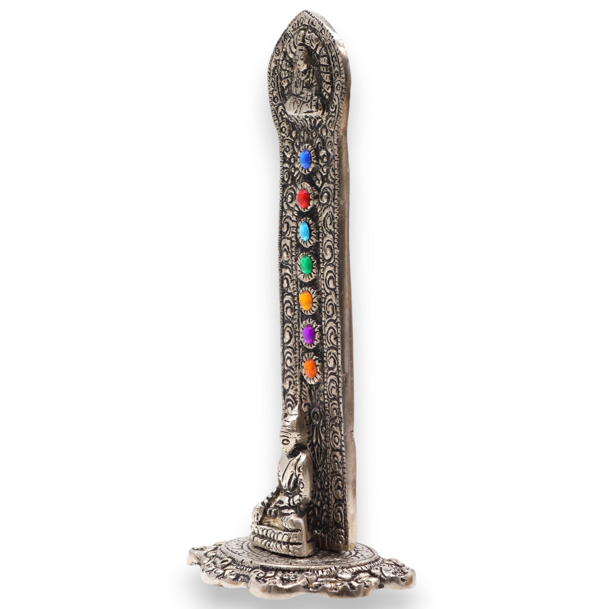 Vue latérale du porte-encens Tour Bouddha 7 Chakras en aluminium, pièce verticale décorative pour autel spirituel ou coin méditation.