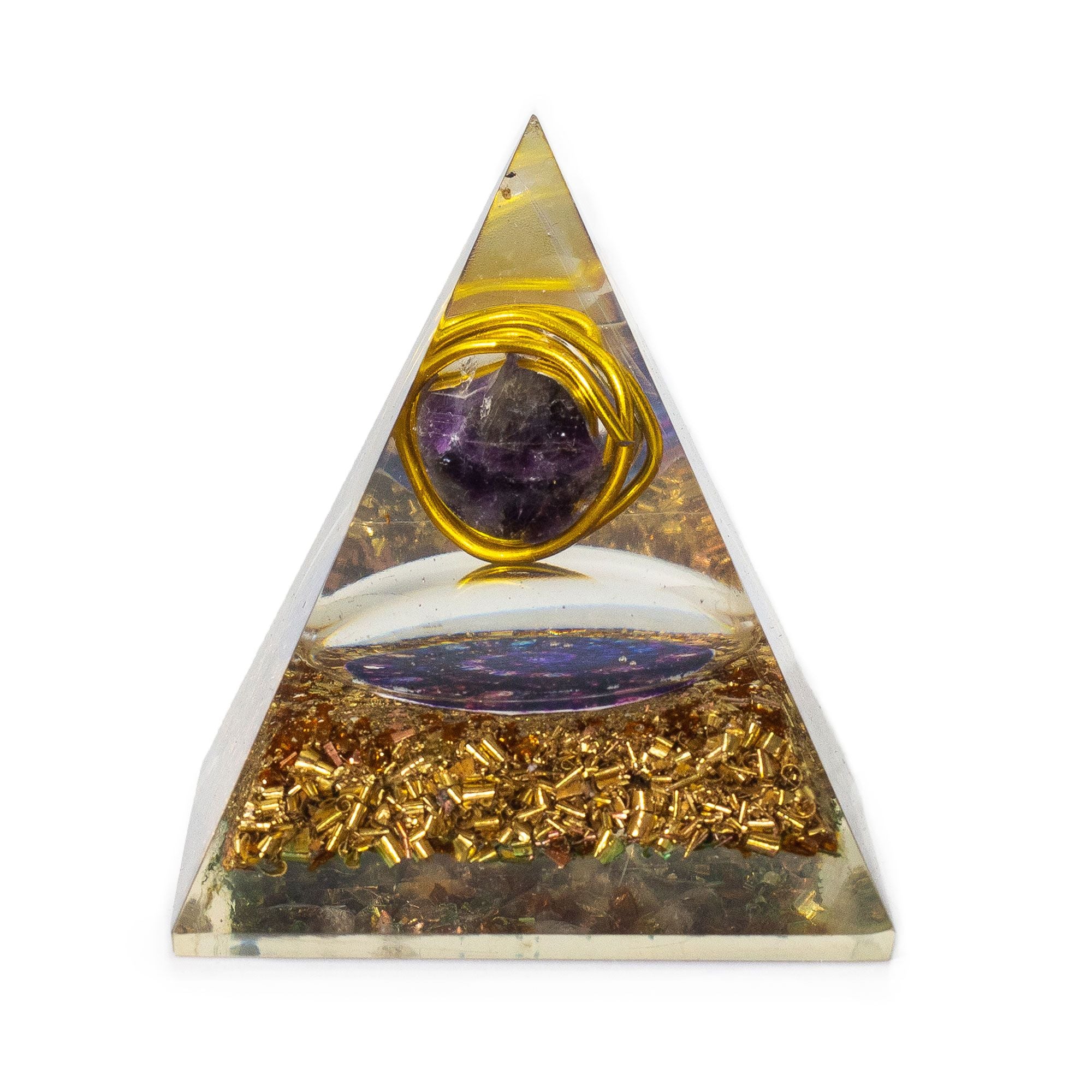 pyramide orgonite avec amethyste centrale symbole de calme et equilibre