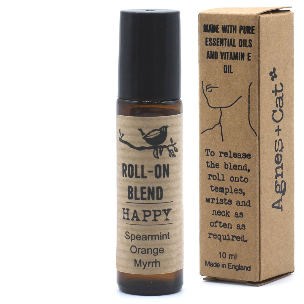 Flacon roll-on huiles essentielles Happy 10 ml pour application sur poignets et tempes – aromathérapie naturelle
