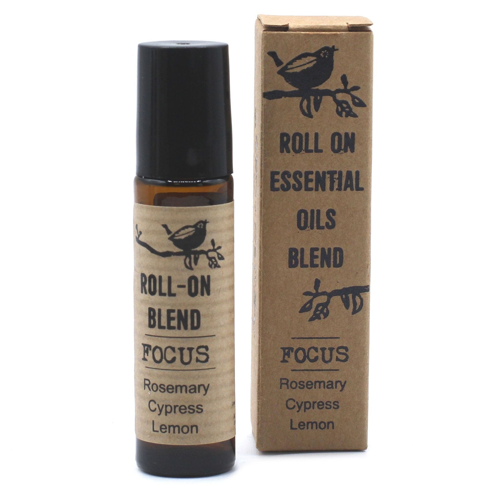 Roll-on huiles essentielles focus 10 ml avec flacon en verre ambré et emballage carton