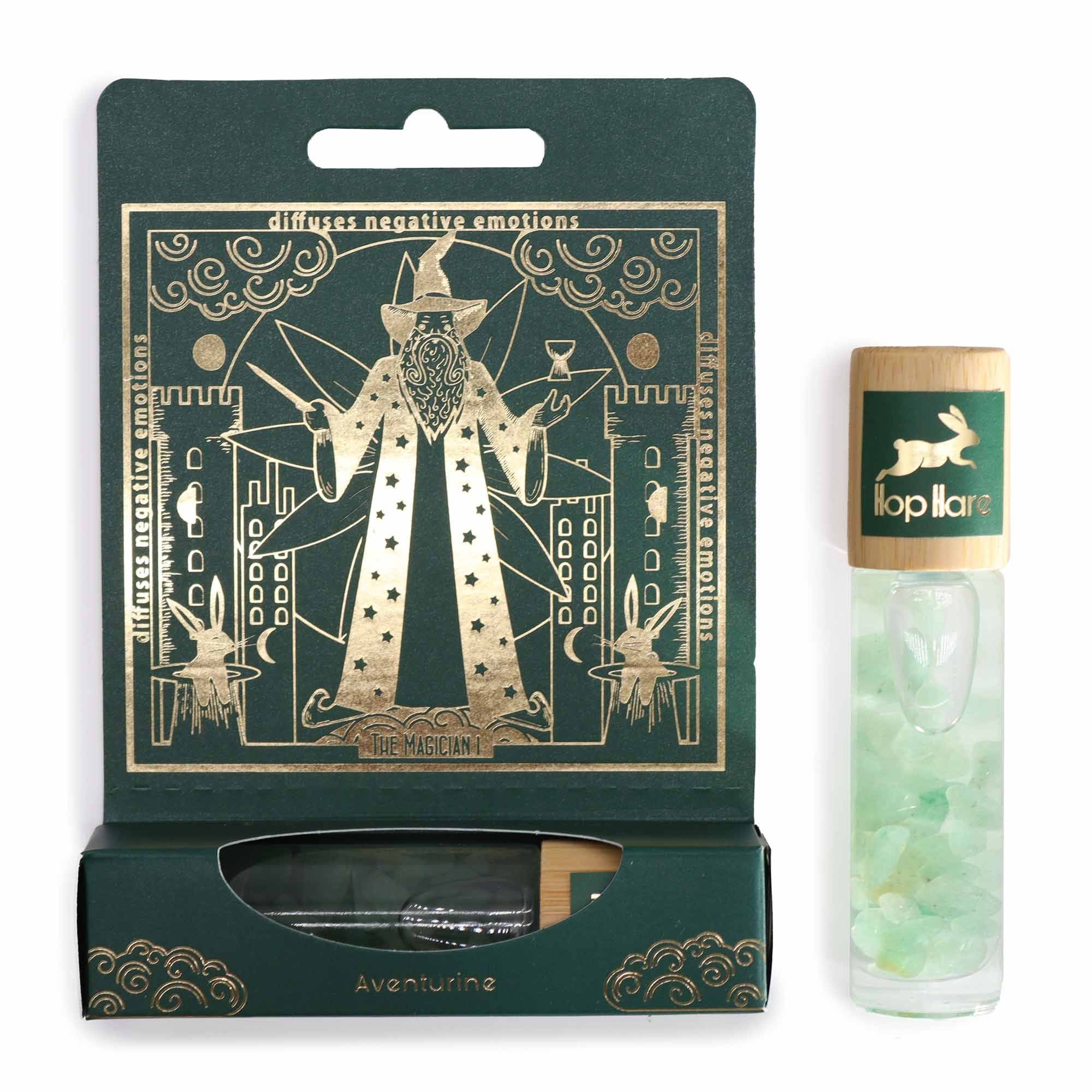 Roll-on tarot Le magicien aux huiles essentielles avec pierre d’aventurine – parfum relaxant et apaisant.