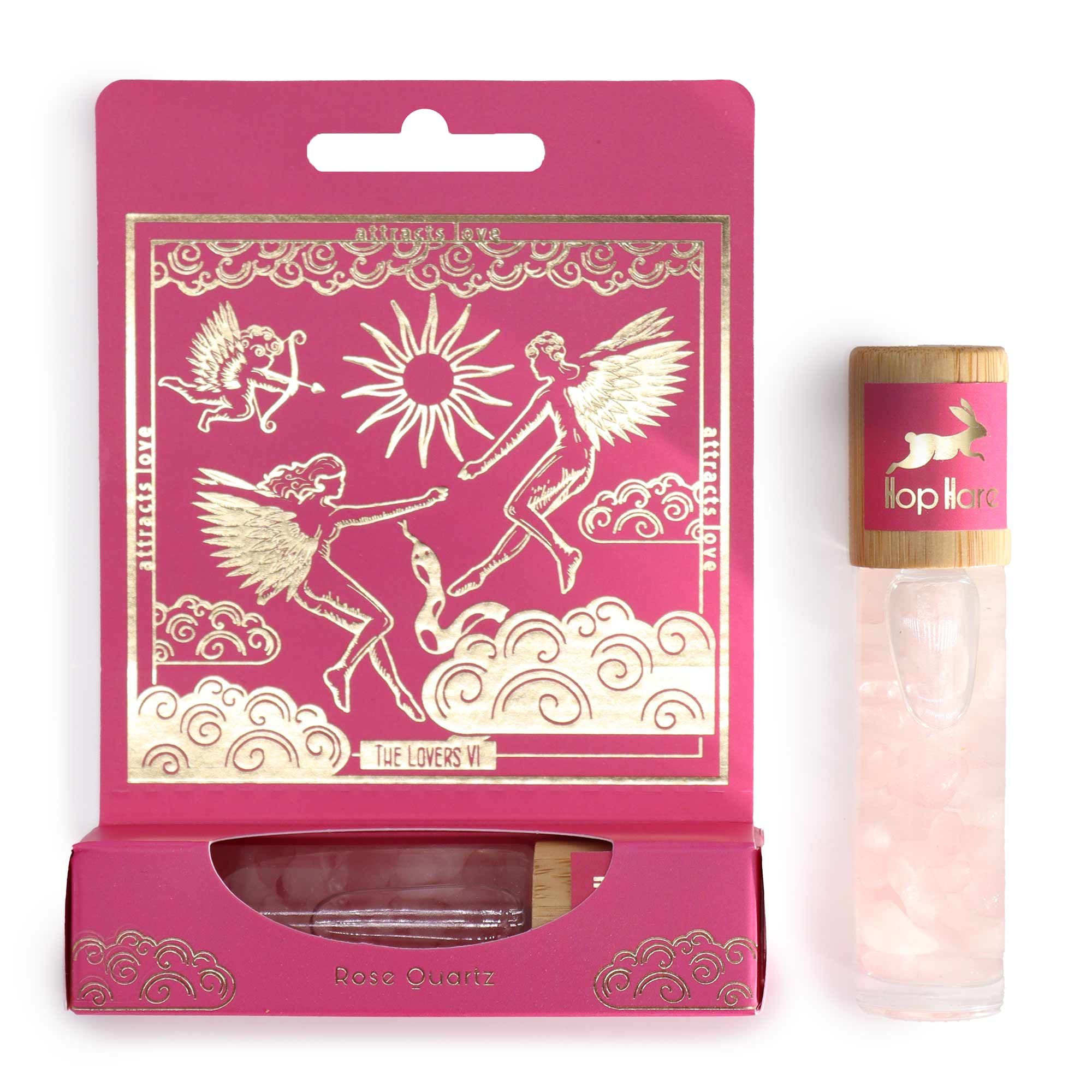 Roll-on tarot Les amoureux aux huiles essentielles avec pierre de quartz rose – parfum relaxant et apaisant.