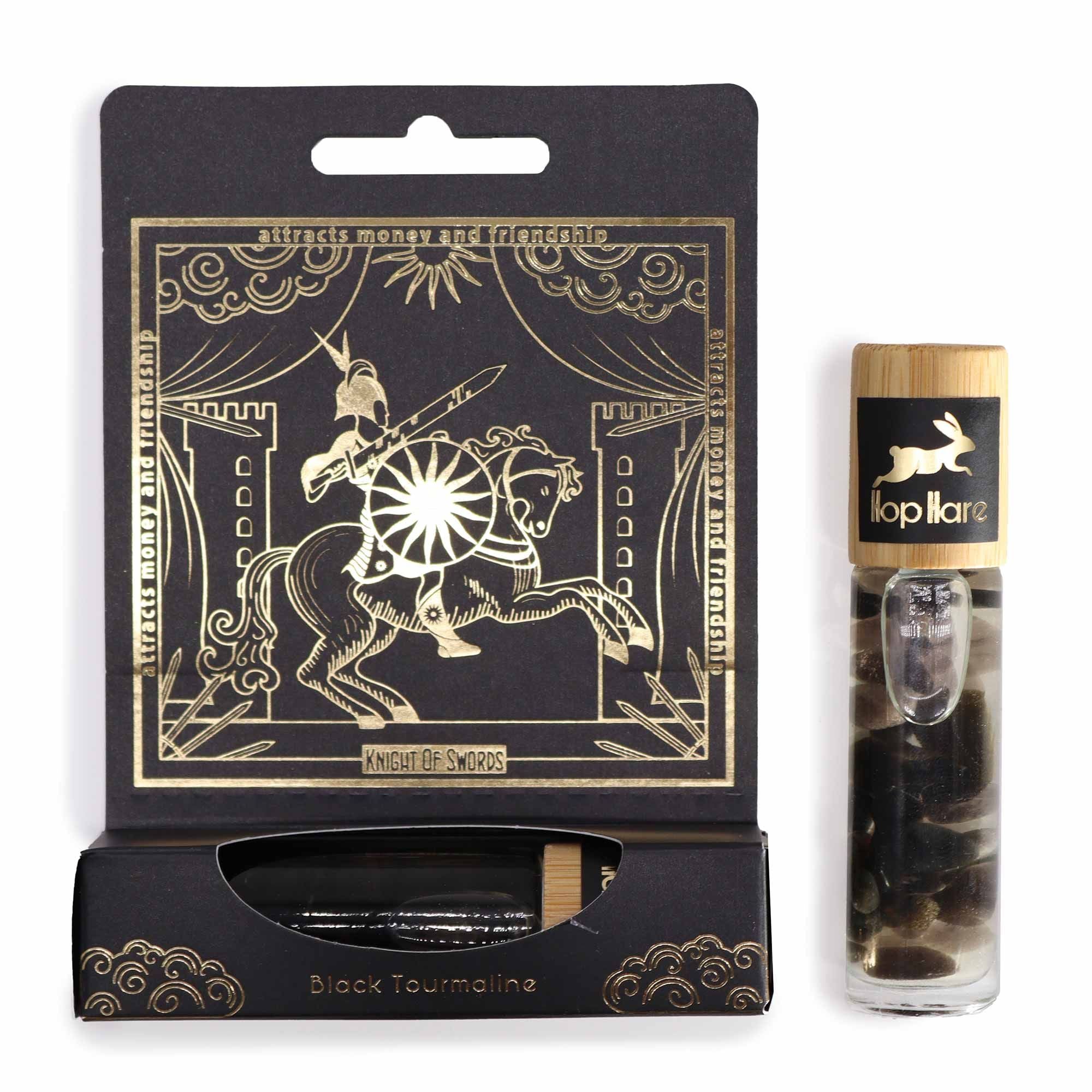 Roll-on tarot Le cavalier aux huiles essentielles avec pierre tourmaline noire – parfum relaxant et apaisant.
