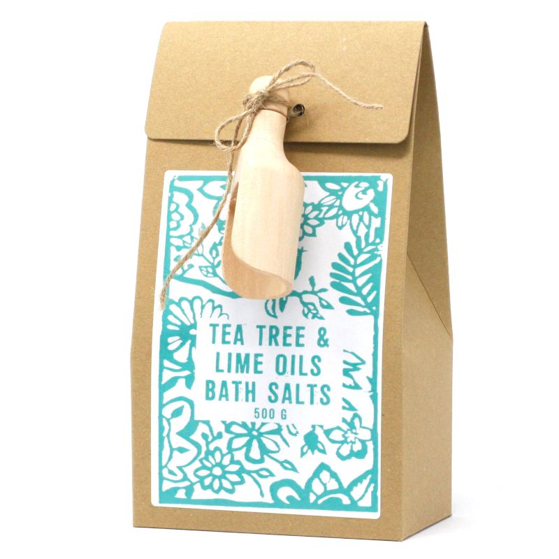 Sel de bain 500g arbre à thé et citron vert présenté dans un sachet kraft avec étiquette turquoise et cuillère en bois