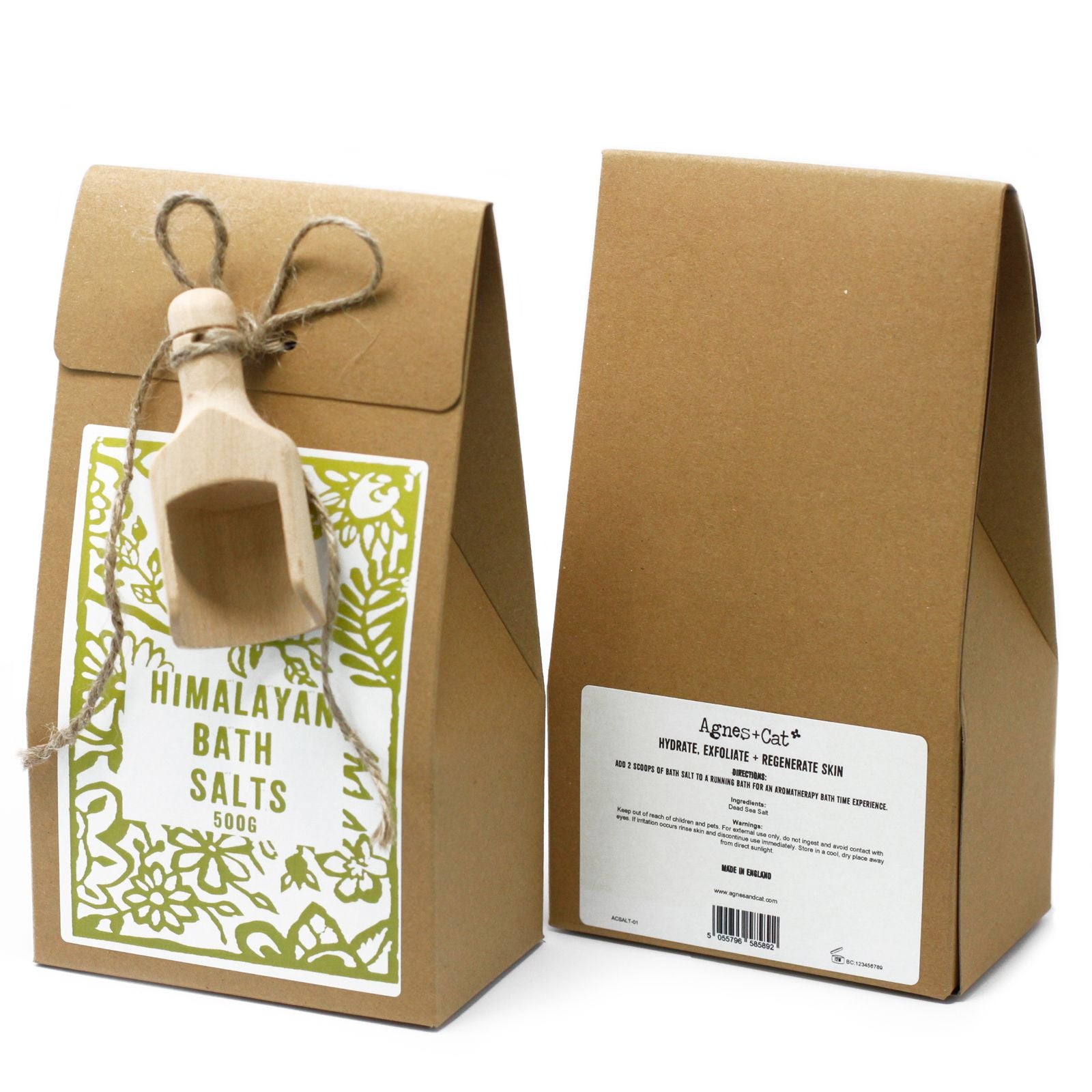 Sel bain 500g Himalaya présenté en sachet kraft avec étiquette verte et vue avant arrière du packaging
