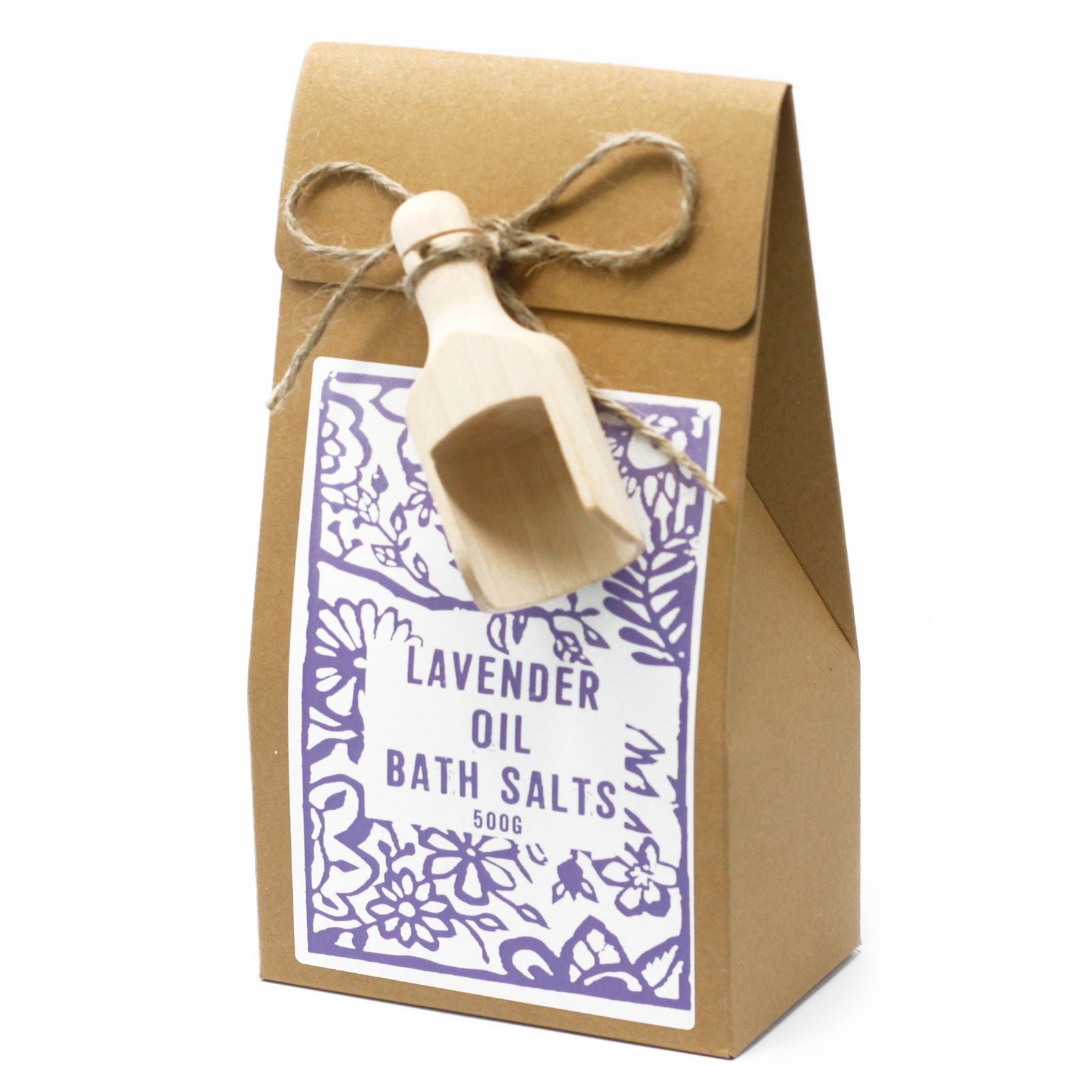 Sel de bain 500g lavande présenté dans un sachet kraft avec étiquette violette et cuillère en bois