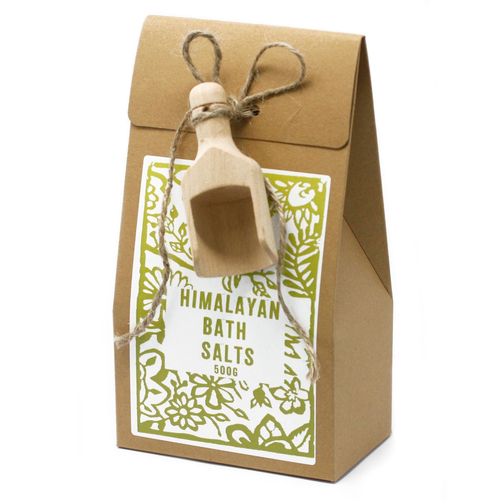 Sel de bain 500g sel de l'himalaya présenté dans un sachet kraft avec étiquette verte et cuillère en bois