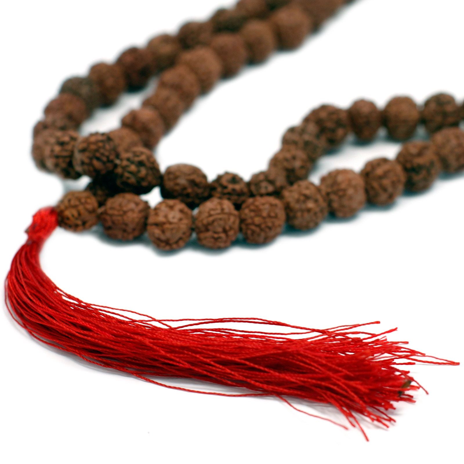 Gros plan sur des perles de rudraksha marron avec texture détaillée et pompon rouge attaché au mala.